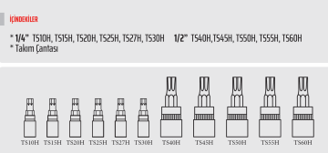 RICO 1/4 - 1/2 TORX LOKMA SETİ TAKIMI 5 KÖŞE DELİKLİ - 11 PARÇA