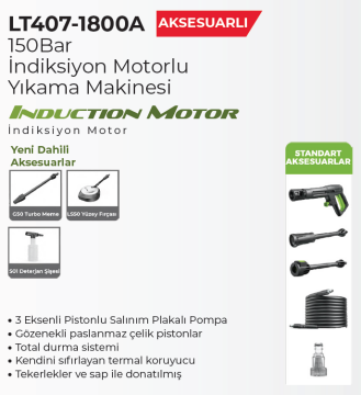 LUTIAN (LT407G-1800A) 150 BAR Yüksek Basınçlı Araba Yıkama Makinesi 1800 Watt (Aksesuarlı)