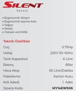 MYTOL EWS06 - 6 Litre Sessiz Yağsız Hava Kompresörü 0.75 HP