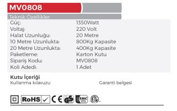 MYTOL MV0808 - 4 Dört Hareketli Şaryolu Yük Kaldırma Vinçi 400-800 KG