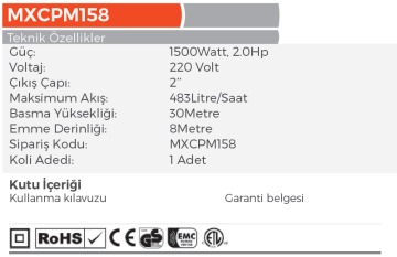 MAX EXTRA MXCPM158 Temiz Su Salyangoz Tip Santrifüj Pompası Elektirikli  220Volt