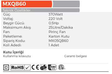 MAX EXTRA MX05QB60 Perforikal Su Pompası Elektrikli 370 Watt - 220Volt