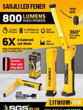 SGS5056 Şarjlı Led Fener 800 Lümen Katlanır 3.7 VOLT/ 2000 mAh