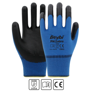 BEYBİ PN Zebra Polyester Örme Nitril İşçi Eldiveni 288 Çift - Mavi Siyah