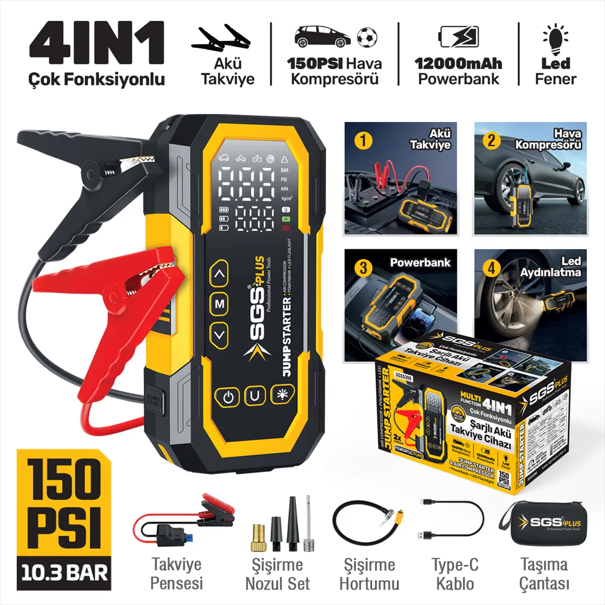 SGS5399 - ŞARJLI AKÜ TAKVİYE VE HAVA KOMPRESÖRÜ DİJİTAL 16.8V 12.000 Mah 4 in 1