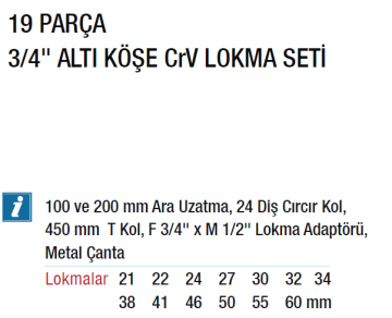 NT TOOLS NCSET34 - Crv 3/4 Lokma Takımı Altı Köşe 19 Parça