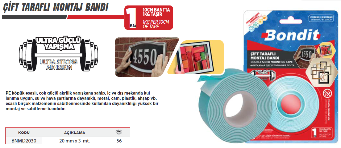 BONDİT Çift Taraflı Montaj Bantı (1 KG Taşır)- 20 mm x 3 Metre ( 56 Adet )