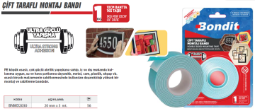 BONDİT Çift Taraflı Montaj Bantı (1 KG Taşır)- 20 mm x 3 Metre ( 56 Adet )