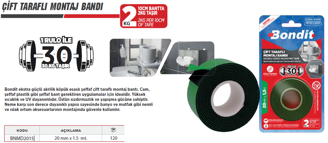BONDİT Çift Taraflı Montaj Bantı (2 KG Taşır)- 20 mm x 1.5 Metre ( 120 Adet )