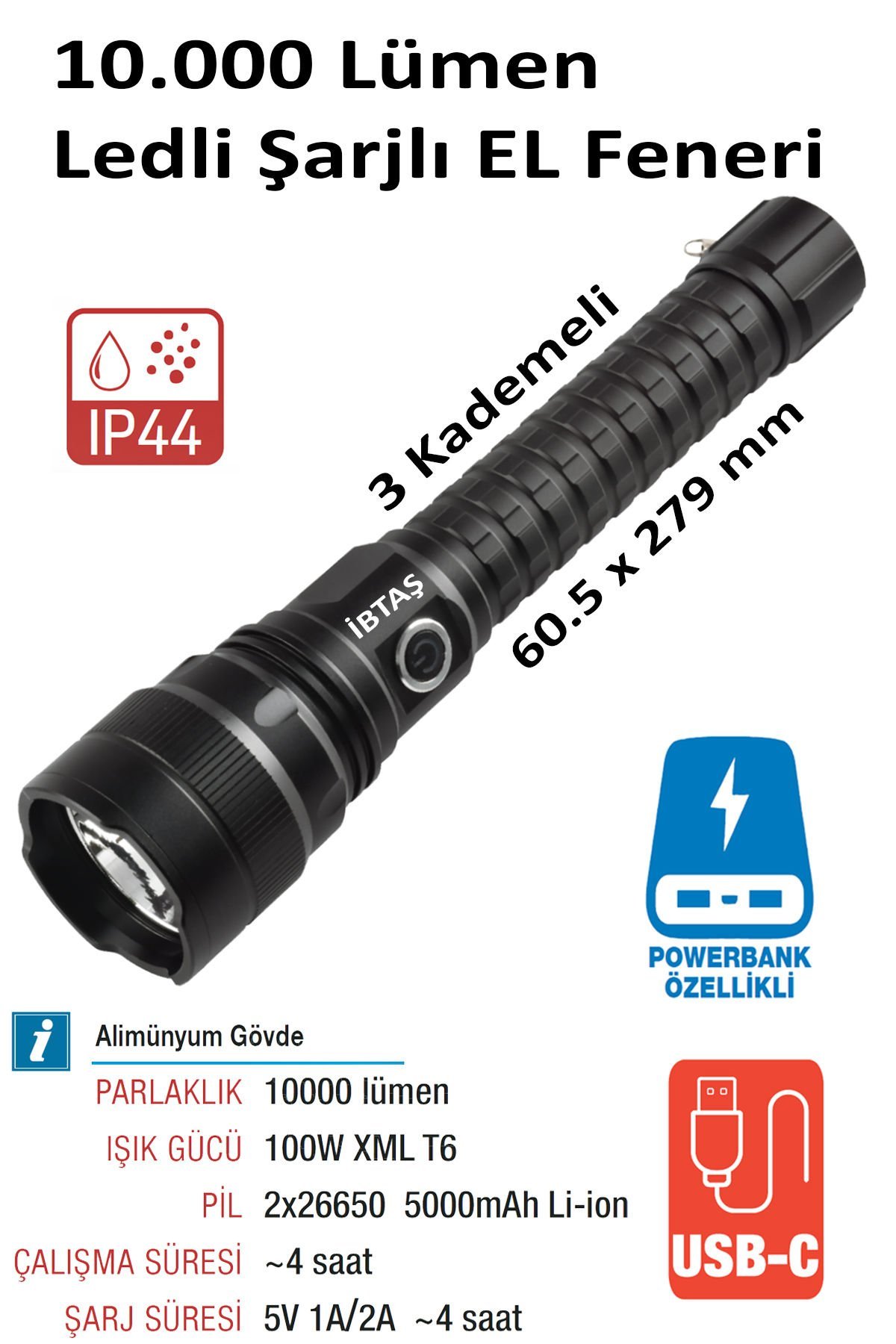 NT Lights NTLS8001 Ledli Şarjlı COB EL Feneri 10.000 Lümen