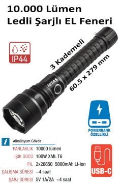 NT Lights NTLS8001 Ledli Şarjlı COB EL Feneri 10.000 Lümen