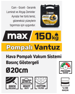 SGS958 - 150 KG Hava Pompalı Vakum Sistemli Saatli  Vantuz Çap 20cm - Cam - Granit - Seramik - Laminat ve Ahşap Taşıma