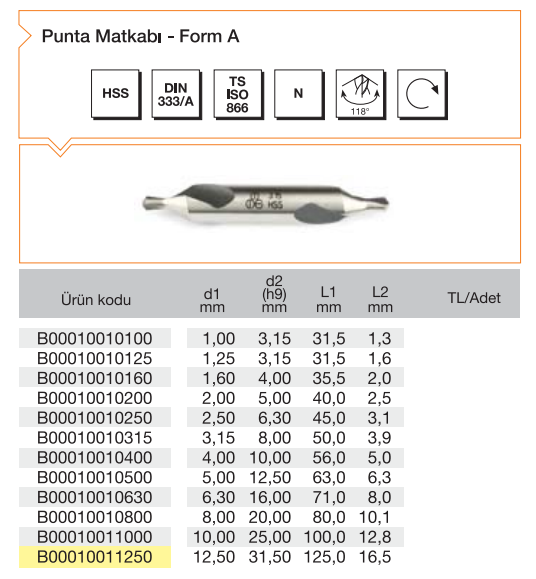 MTE Punta Matkabı Form A ( HSS - DIN 333/A )