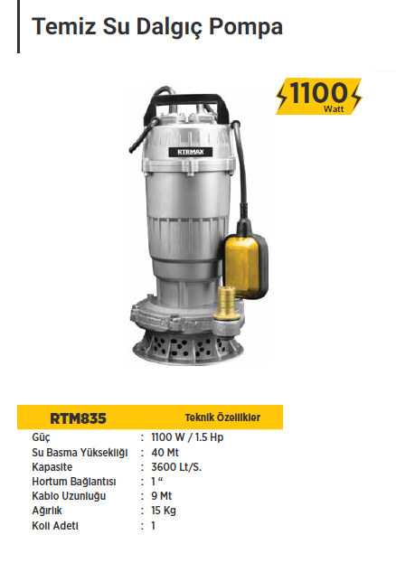 RTR MAX Temiz Su Dalgıç Pompa 1100 Watt