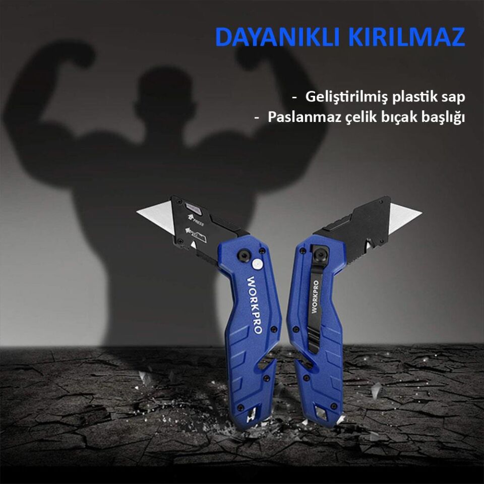 WORKPRO WP211008 Profesyonel Katlanır Çok Amaçlı Rötuş Maket Bıçağı + 10 Adet Yedek Bıçak