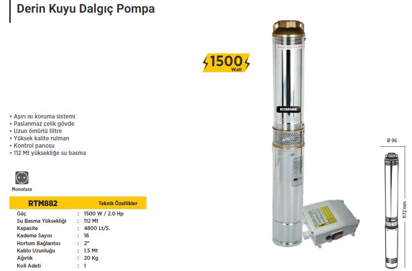 RTR Max Derin Kuyu Su Pompası (112 Metreye Su Basar)