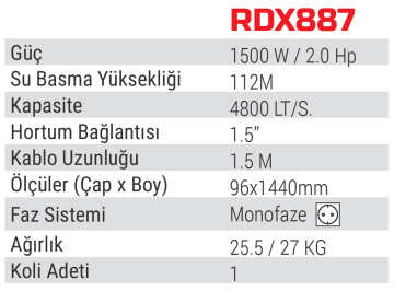 RODEX RDX887 - 112 Metre 2 Hp Derin Kuyu Temiz Su Dalgıç Pompa 1500 Watt