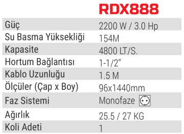 RODEX RDX888 - 154 Metre 3 Hp Derin Kuyu Temiz Su Dalgıç Pompa 2200 Watt