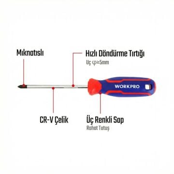 WORKPRO WP221037 PZ2x100mm CR-V Manyetik Profesyonel Yıldız Tornavida