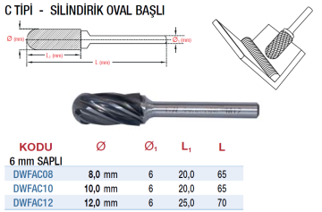 DW Karbür Kalıpçı Freze ucu / Silindirik Oval Başlı - C Tipi - (Demir Dışı Malzeme)
