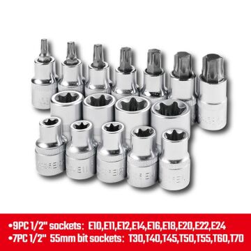 WORKPRO WP202596 1/2'’ CR-V 16 Parça Ağır Hizmet Torx Lokma Soketi / Ucu