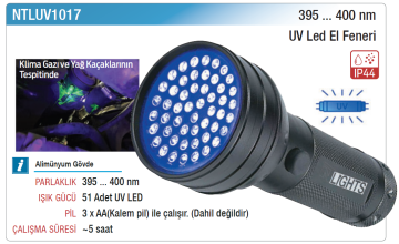 NT Lights NTLUV1017 UV Led El Feneri 400 NM + IP44