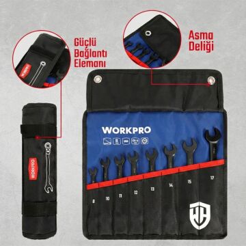 WORKPRO WP202603 8-17mm 8 Parça CR-V Profesyonel Mafsallı Cırcır Kombine Anahtar Takımı + Bez Taşıma Kılıfı