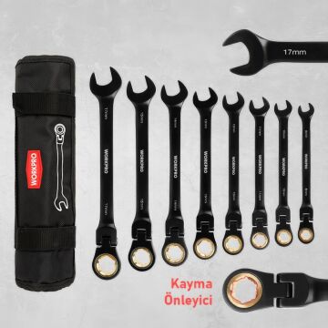 WORKPRO WP202603 8-17mm 8 Parça CR-V Profesyonel Mafsallı Cırcır Kombine Anahtar Takımı + Bez Taşıma Kılıfı