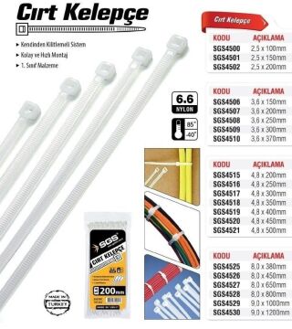 SGS Beyaz Plastik Cırt Kelepçe Kablo Bağı 100 ADET 4.8 x 380mm