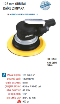 EMAX ET-2800 Havalı Daire Zımpara Tabancası Makinesi 125 mm (6'') 11000 Devir