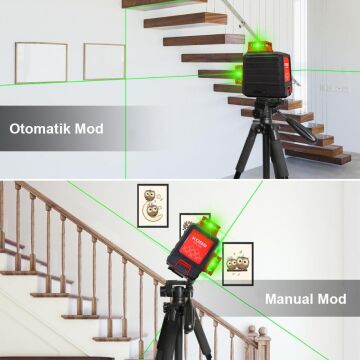 KOBB KBL34GTP 40 Metre Profesyonel Li-ion Şarjlı 3X360⁰ Otomatik Hizalamalı Yeşil Çapraz Çizgi Lazer Distomat+Tripod