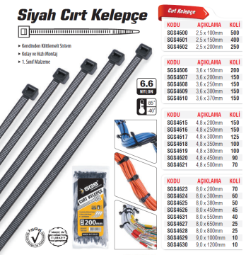 SGS Siyah Plastik Cırt Kelepçe Kablo Bağı (100' lü Paket)