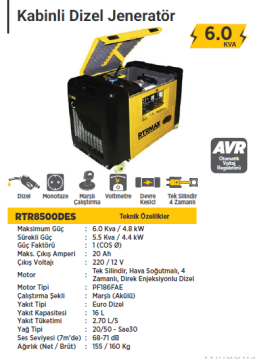 RTR MAX Kabinli Dizel Jeneratör 6.5 KVA / 220 Volt