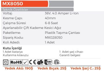 MAX EXTRA MX8050 - 36 Volt 4 Amper Akülü Budama Makası 40mm