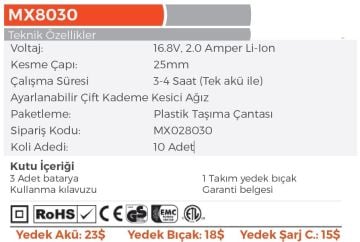 MAX EXTRA MX8030 - 16.8 V 2 Amper Akülü Şarjlı Budama Makası 3 Akülü