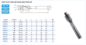 GERLİNGER Sabit Pilotlu Vida için Havşa Açma Freze Ucu