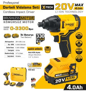 SGS5501 - 20 Volt 4 Amper 330 Nm Akülü Darbeli Vidalama Seti Kömürsüz Motor