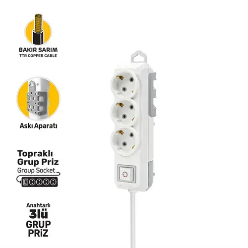 GRUP PRİZ TOPRAKLI ANAHTARLI ÜÇLÜ 3 METRE