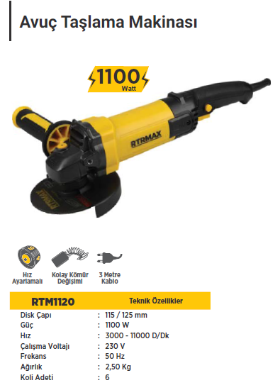 RTR Max Avuç Taşlama Makinası 125mm (1100 Watt)