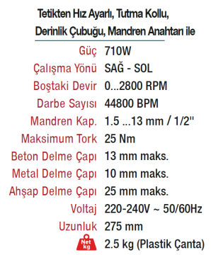 VIDO Elektrikli Darbeli Matkap 710 Watt - Metal Supra Mandenli