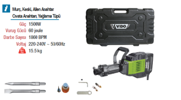 VIDO Profesyonel 15.5 KG Sds Hex 60 Joule Elektrikli Kırıcı Delici Makinası 1500 Watt