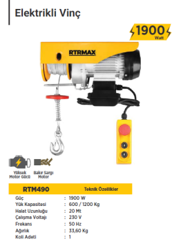RTR Max Elektrikli Vinç Bakır Sargı 600 - 1200 Kg / 1300 Watt