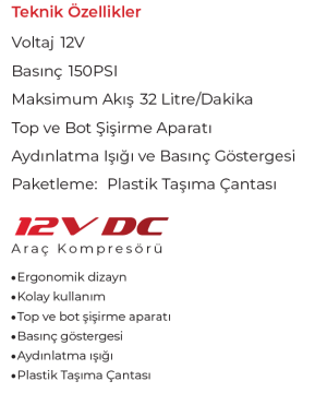 MY TOL FY-118 Lastik Şişirme 12 Volt Hava Kompresörü 150 PSI