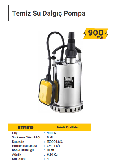 RTR Max Temiz Su Dalgıç Pompa (900 Watt)