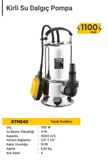 RTR Max Kirli Su Dalgıç Pompa (1100 Watt)