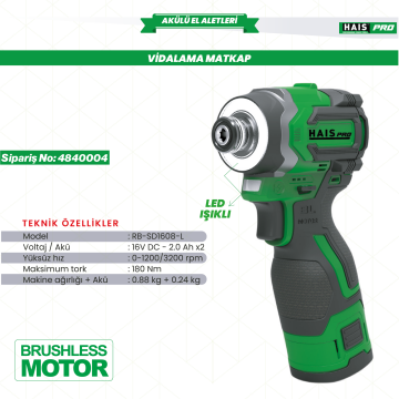 HaisPro (RB-SD1608-L) 16 Volt 2 Amper Akülü Profesyonel Vidalama Seti - Çift Akülü