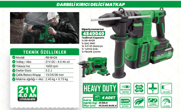 HaisPro (RB-BH26) - 3.2 Joule - 21 Volt - 4 Amper - Akülü Profesyonel Darbeli Kırıcı Delici Matkap Seti - Çift Akülü