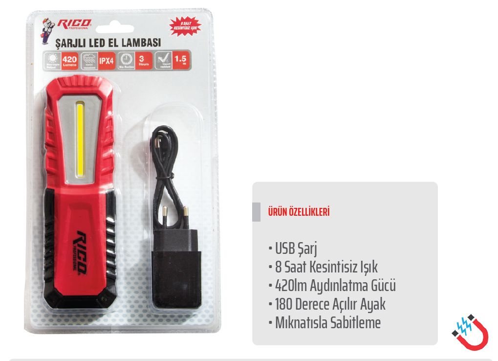 RİCO Şarjlı El Lambası Ledli K19 420Lm (013-RC0038)