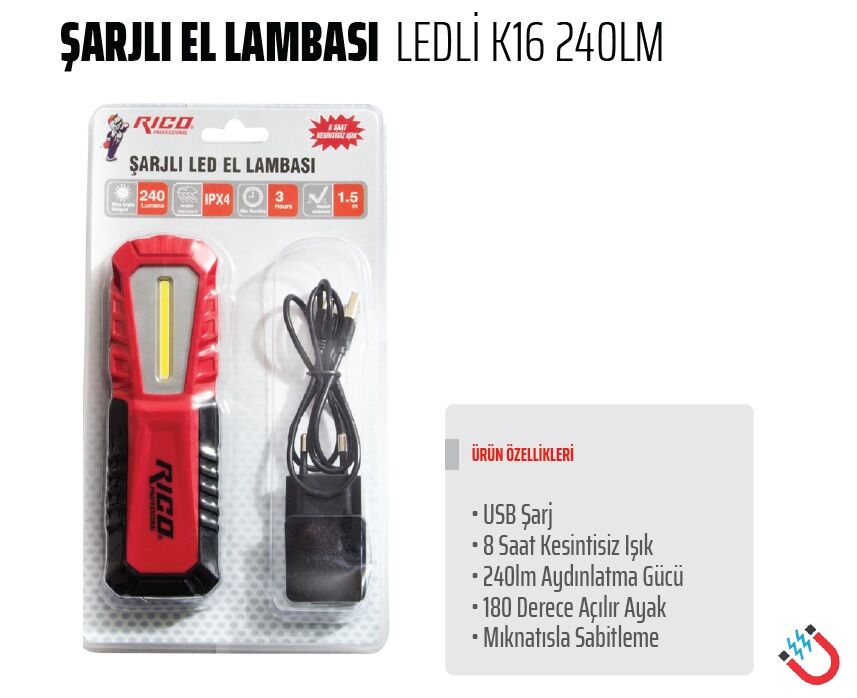 RİCO Şarjlı El Lambası Ledli K16 240Lm (013-RC0037)