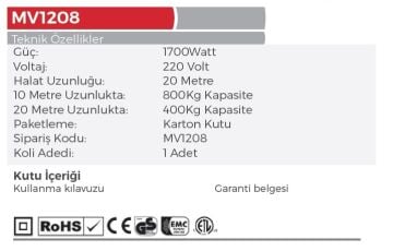 MYTOL MV1208 - 4 Dört Hareketli Şaryolu Yük Kaldırma Vinçi 600-1200 KG